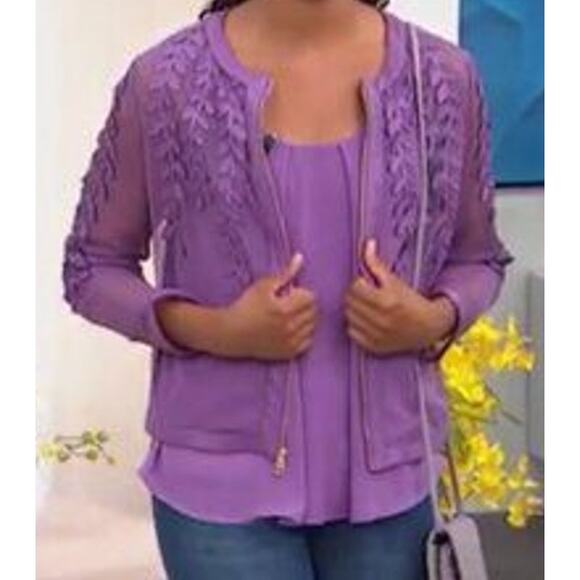 NEW! Colleen Lopez Mesh Leaf / Floral Faux Leather Jacket Grape Purple Small NWT - Picture 2 of 9